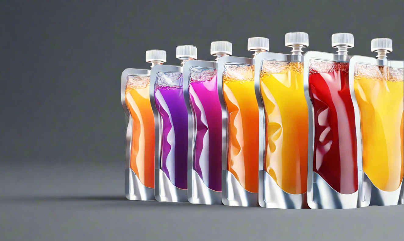 Row of colorful juice pouches on a white background