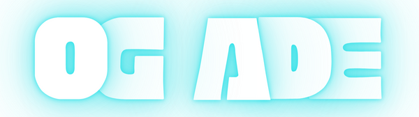 Gradient blue and white logo with 'OG ADE' text on a light blue background